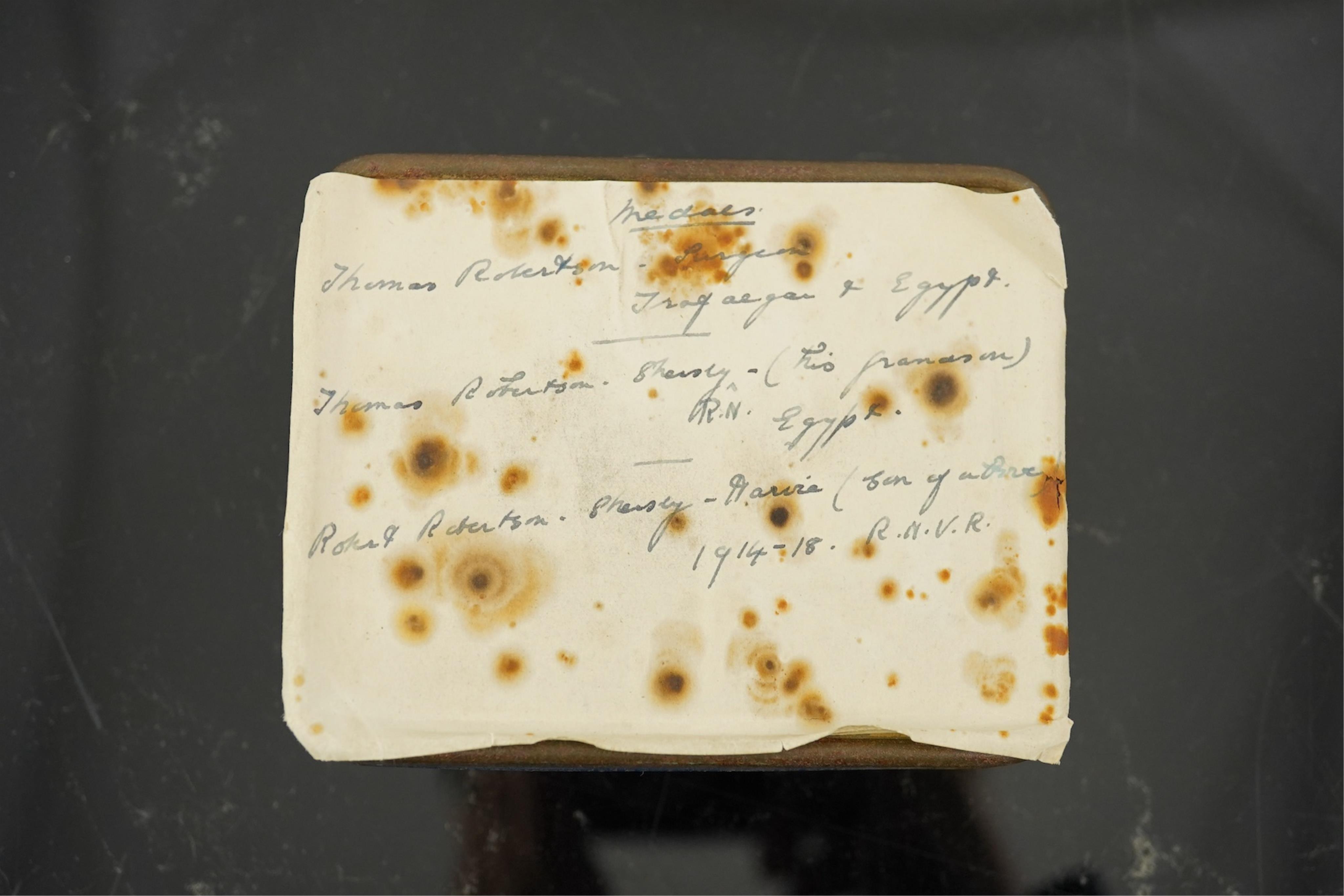 Battle of Trafalgar interest; Four medals awarded to members of the Robertson family. A Victorian naval General Service Medal to Thomas Robertson, Surgeon, with three bars for;, Sirius 17 April 1806, Trafalgar and Egypt,